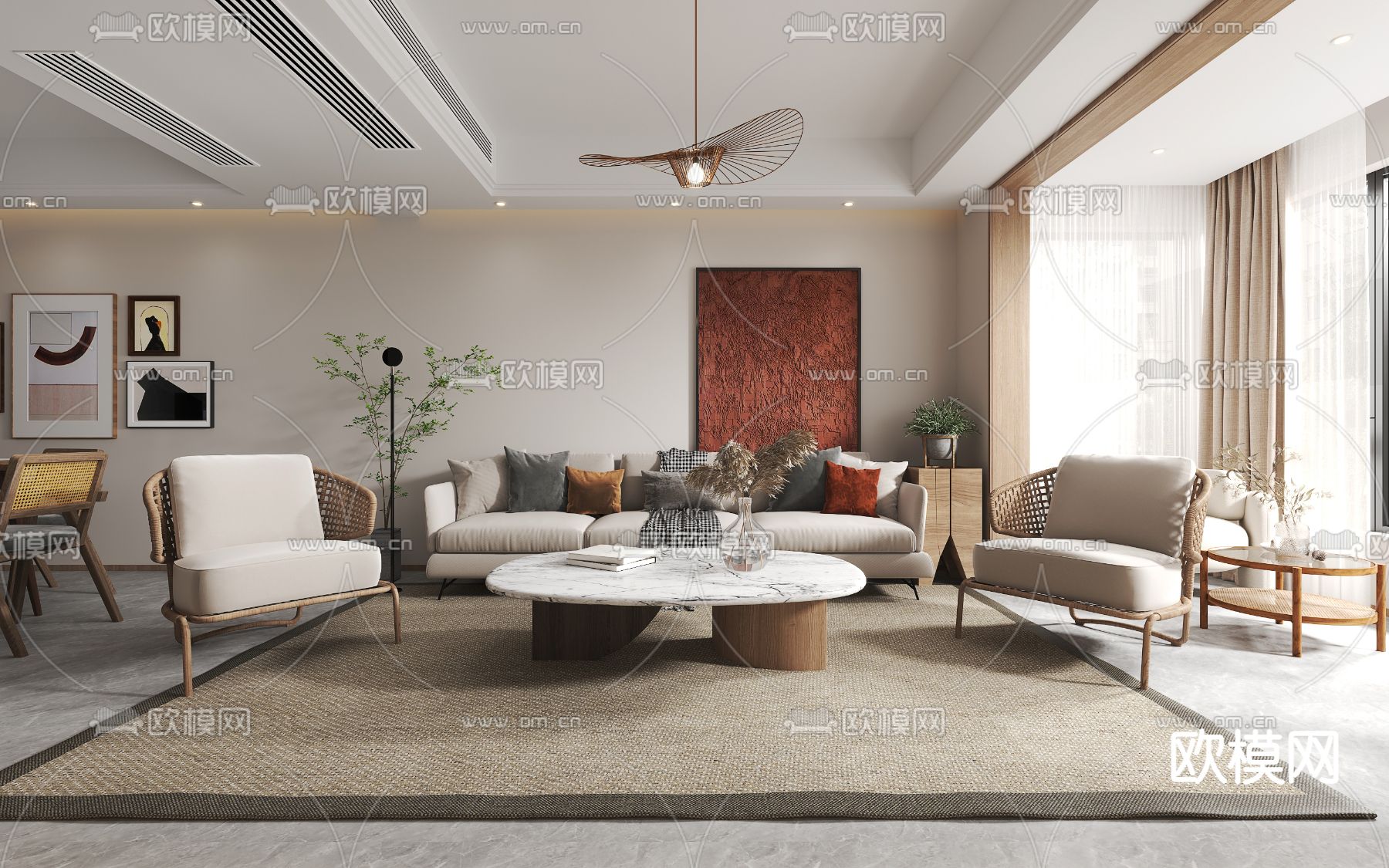 侘寂客厅餐厅3d模型下载（渲染图1）