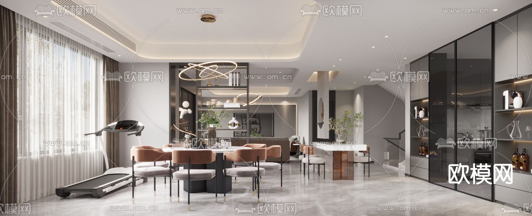 现代轻奢客厅餐厅3d模型下载（渲染图2）