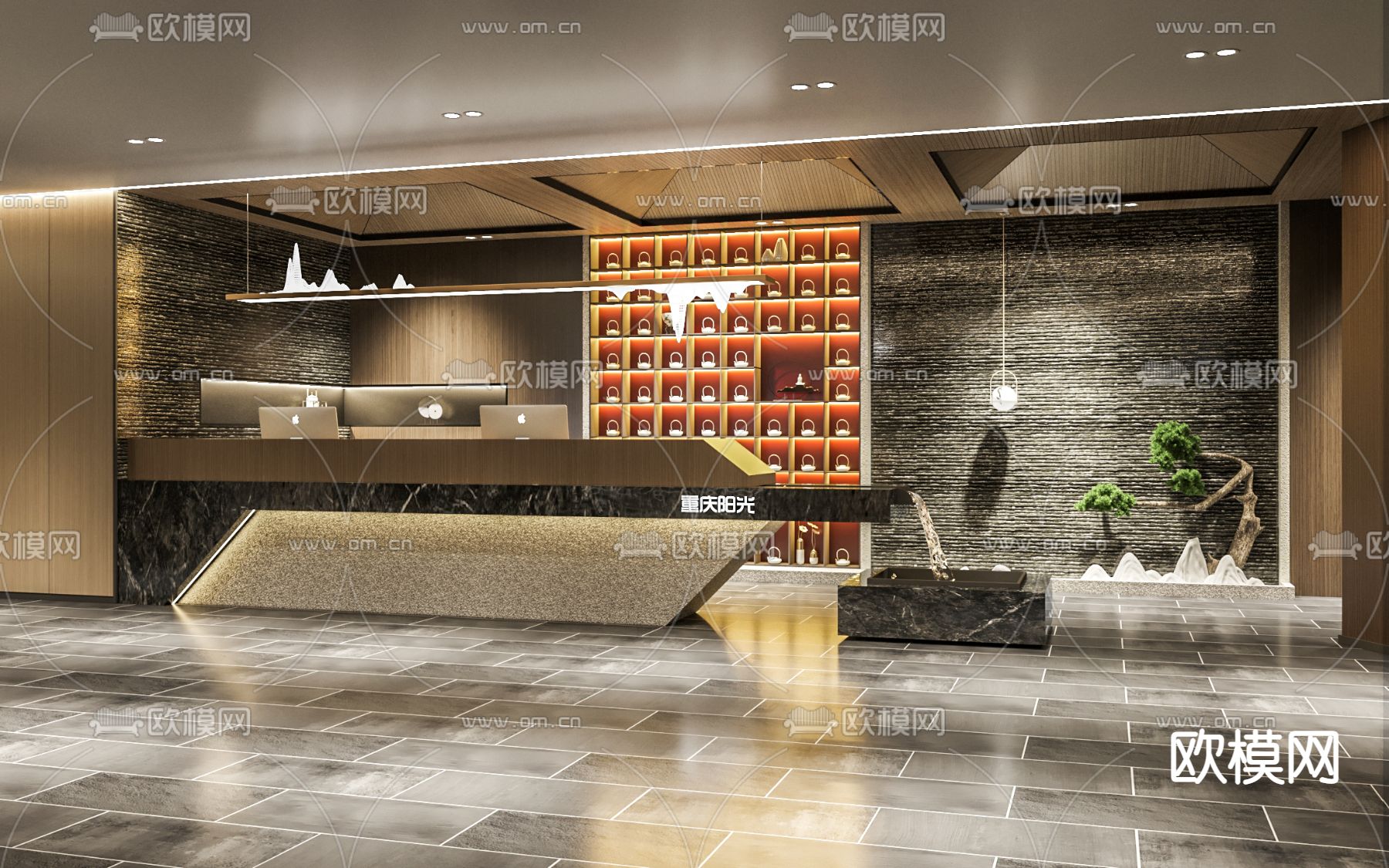 新中式会所大堂休息区3d模型