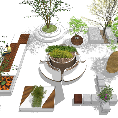  现代树池花坛公用椅su模型 