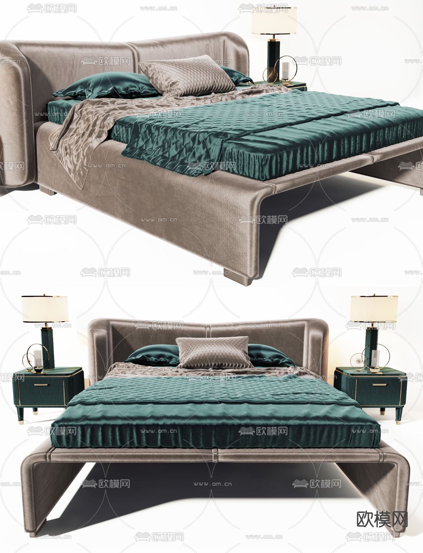 后现代丝绒双人床3d模型下载（渲染图1）