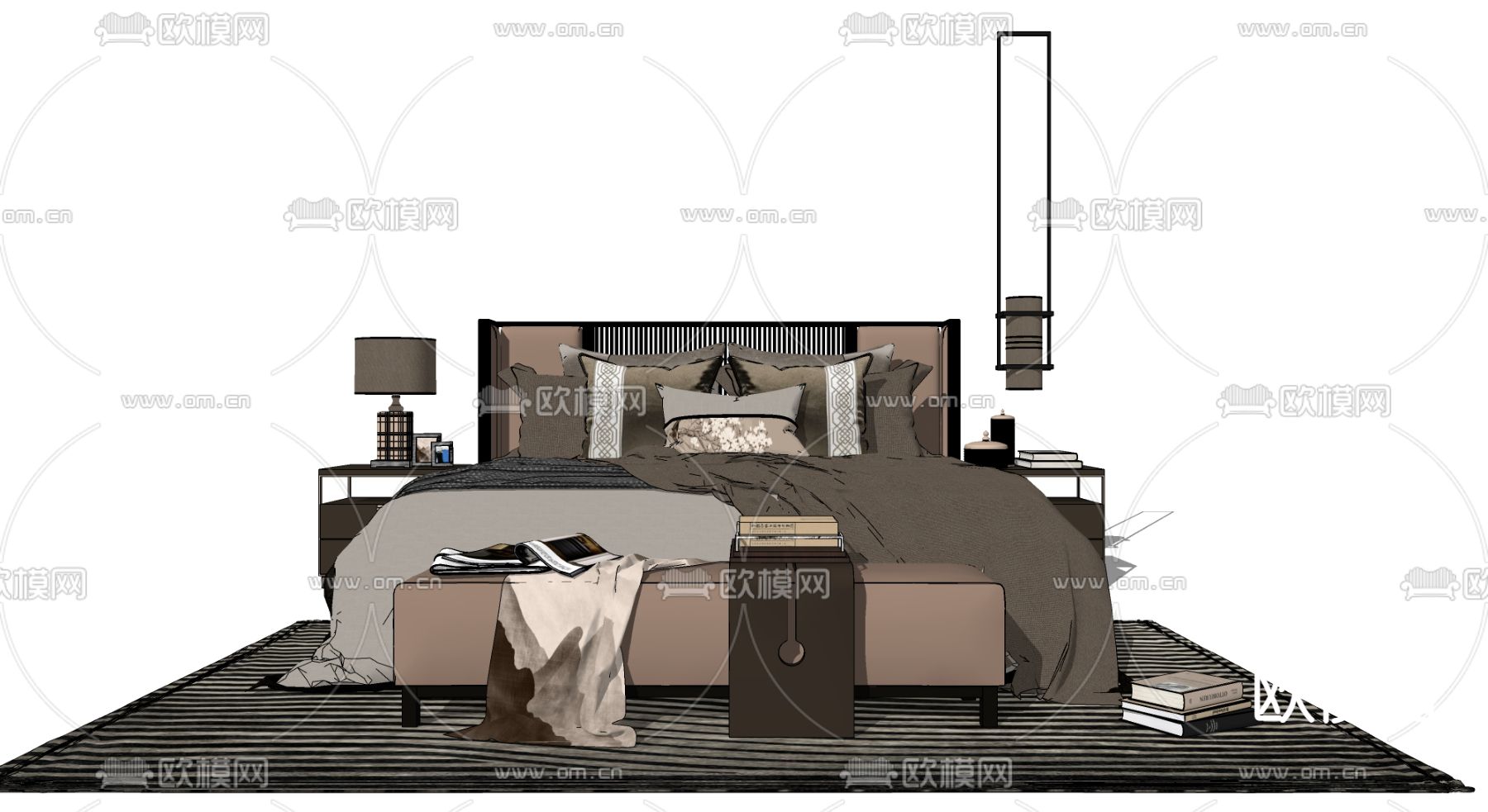 新中式双人床su模型下载（渲染图2）