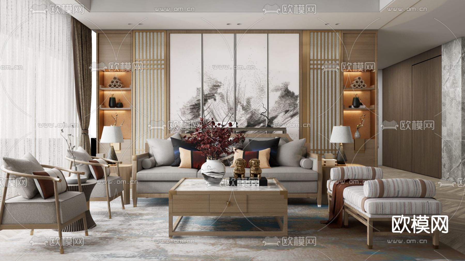 新中式布艺沙发组合su模型下载（渲染图1）