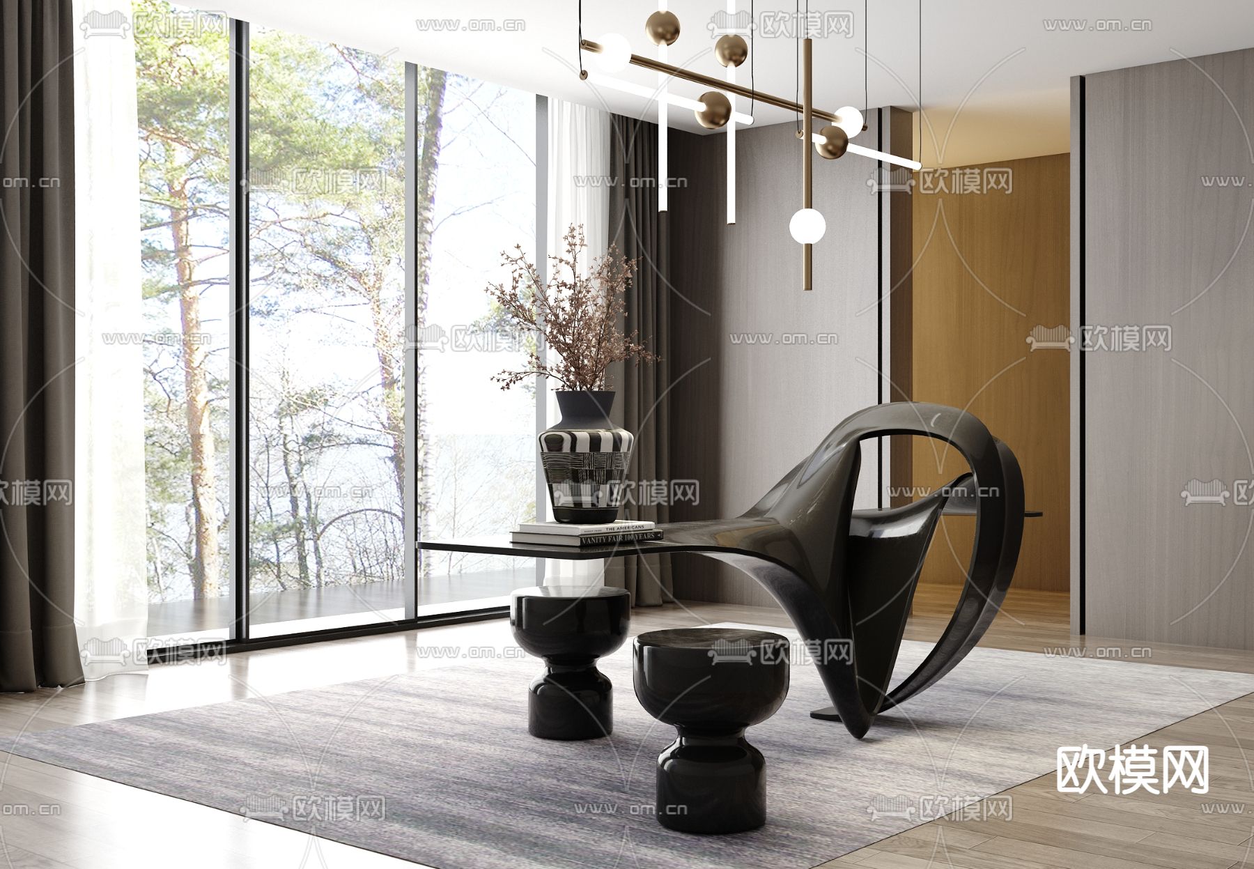 新中式书房su模型下载