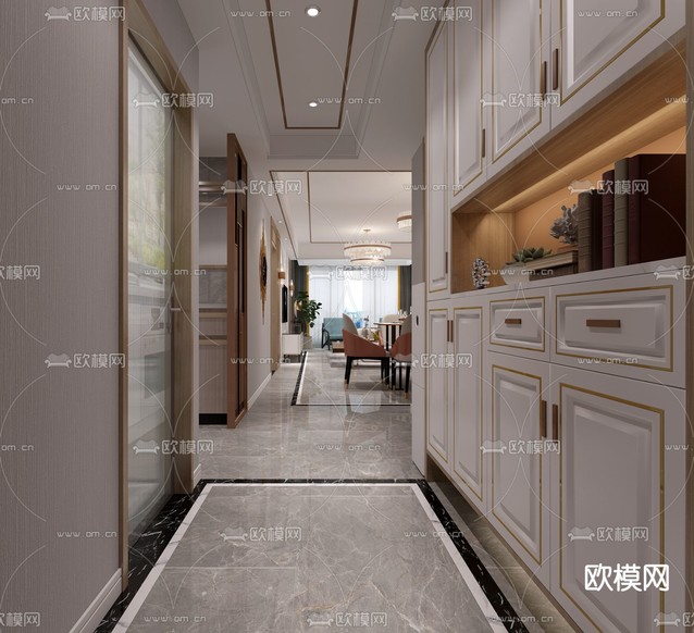 现代轻奢客餐厅全景免费3d模型下载(渲染图2)