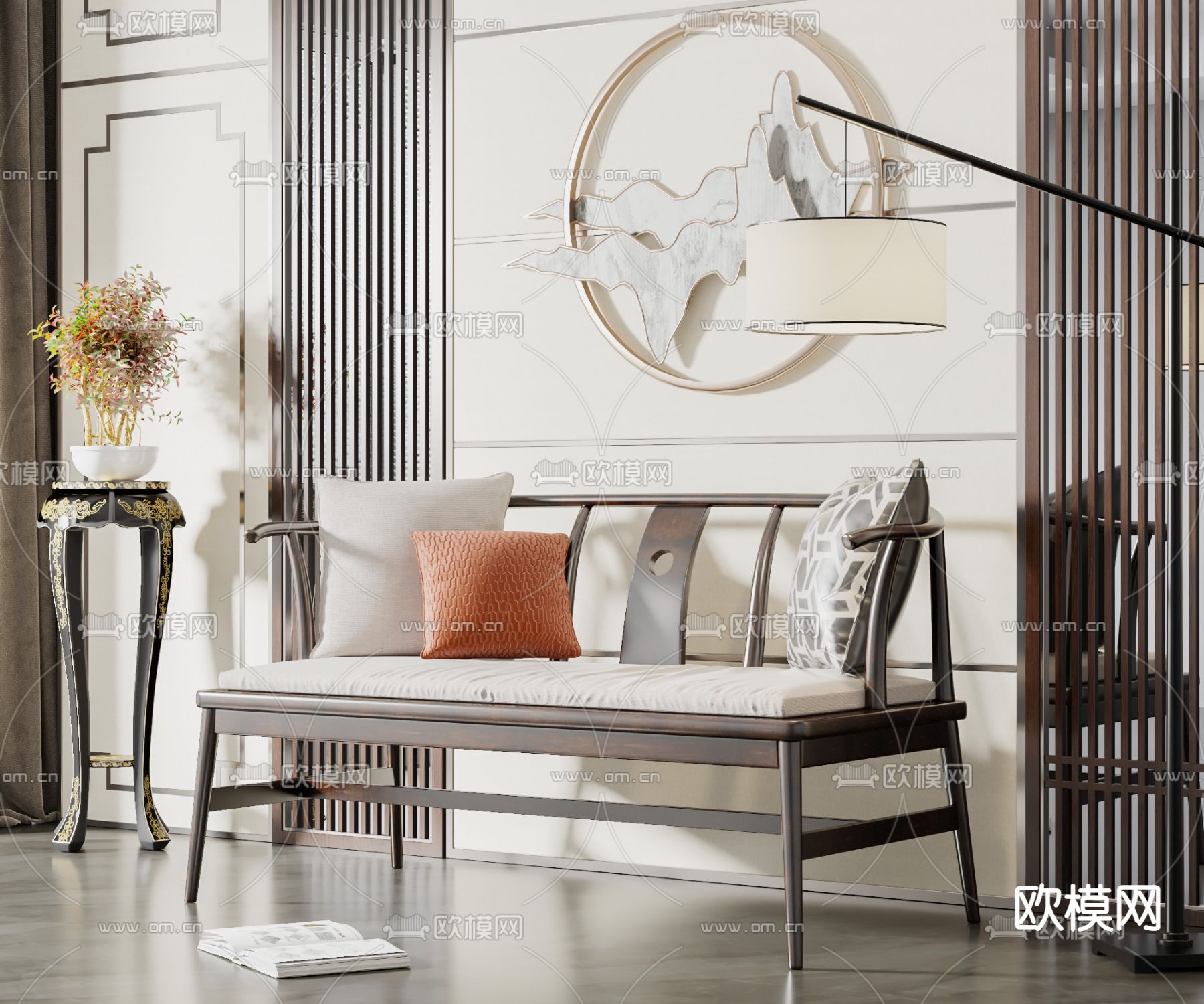 新中式实木双人沙发3d模型下载