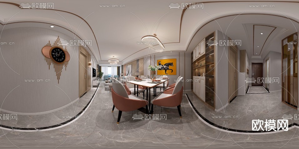 现代轻奢客餐厅全景免费3d模型下载(渲染图3)