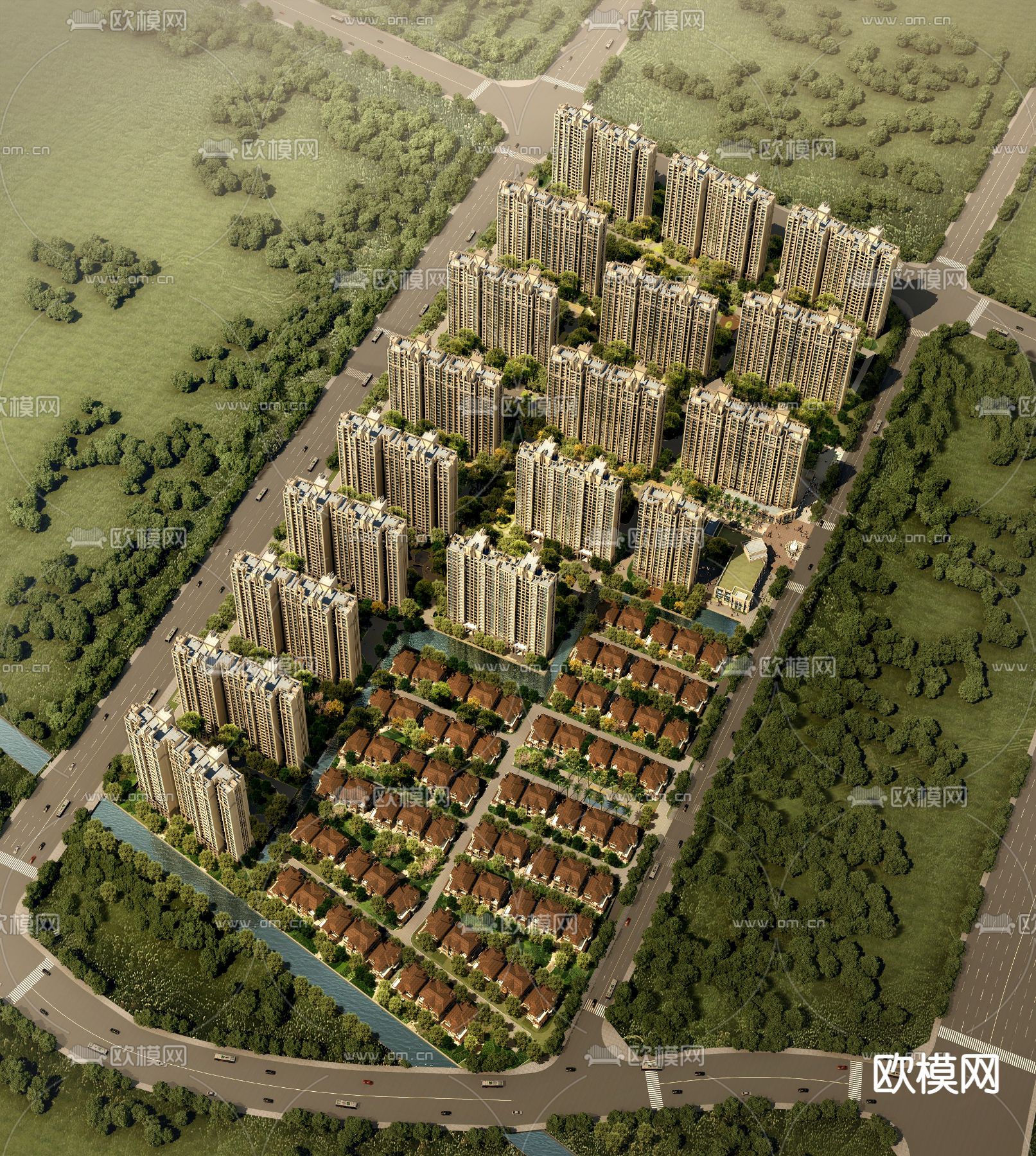 欧式高层住宅鸟瞰规划3d模型下载