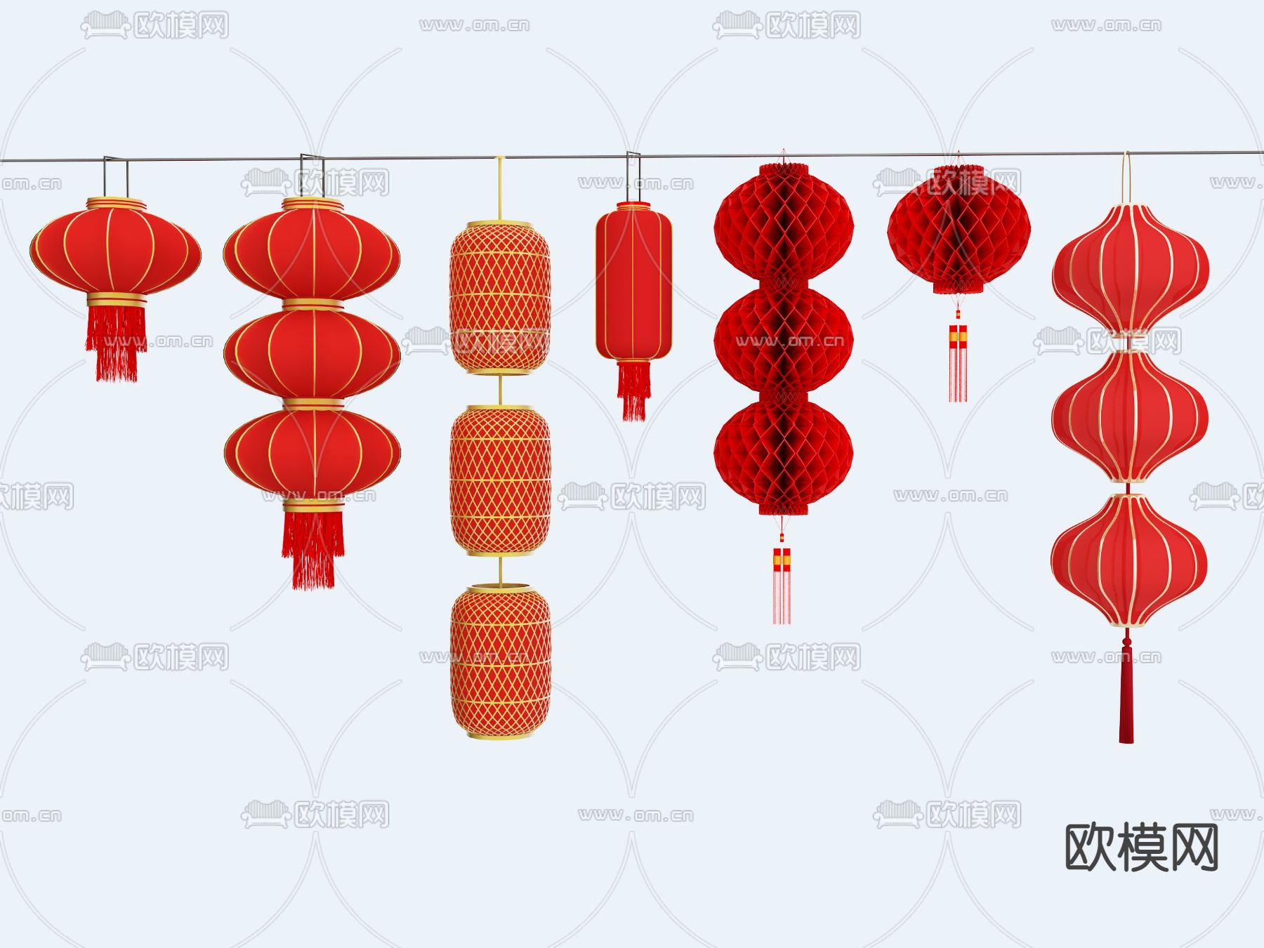 中式红灯笼装饰灯组合3d模型下载