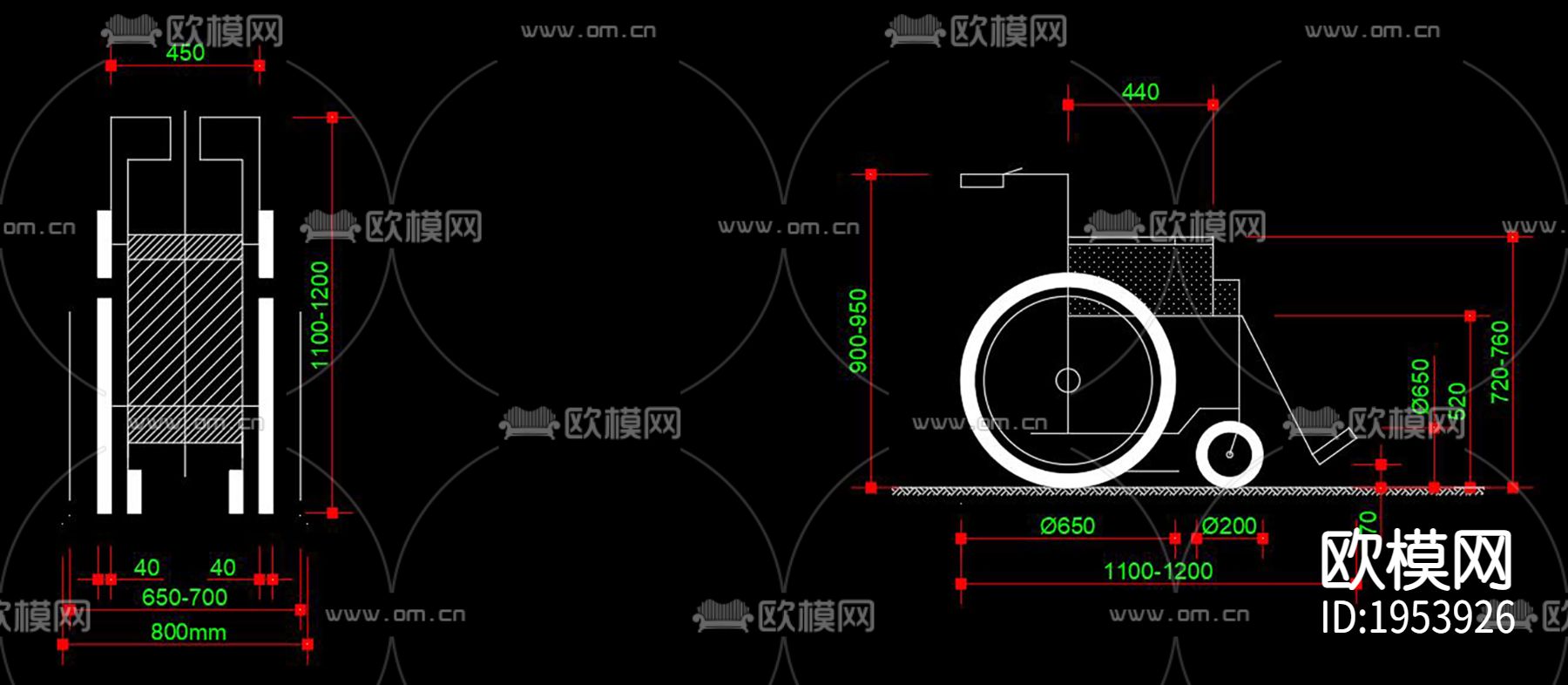 残疾人轮椅CAD施工图下载（渲染图7）