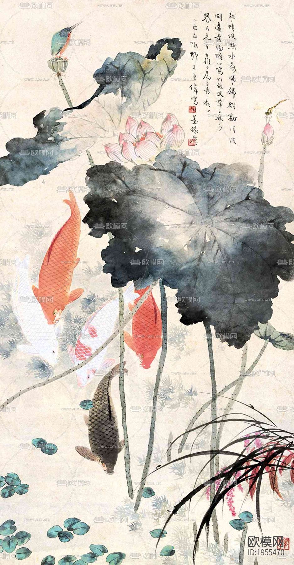 中式荷花水墨画