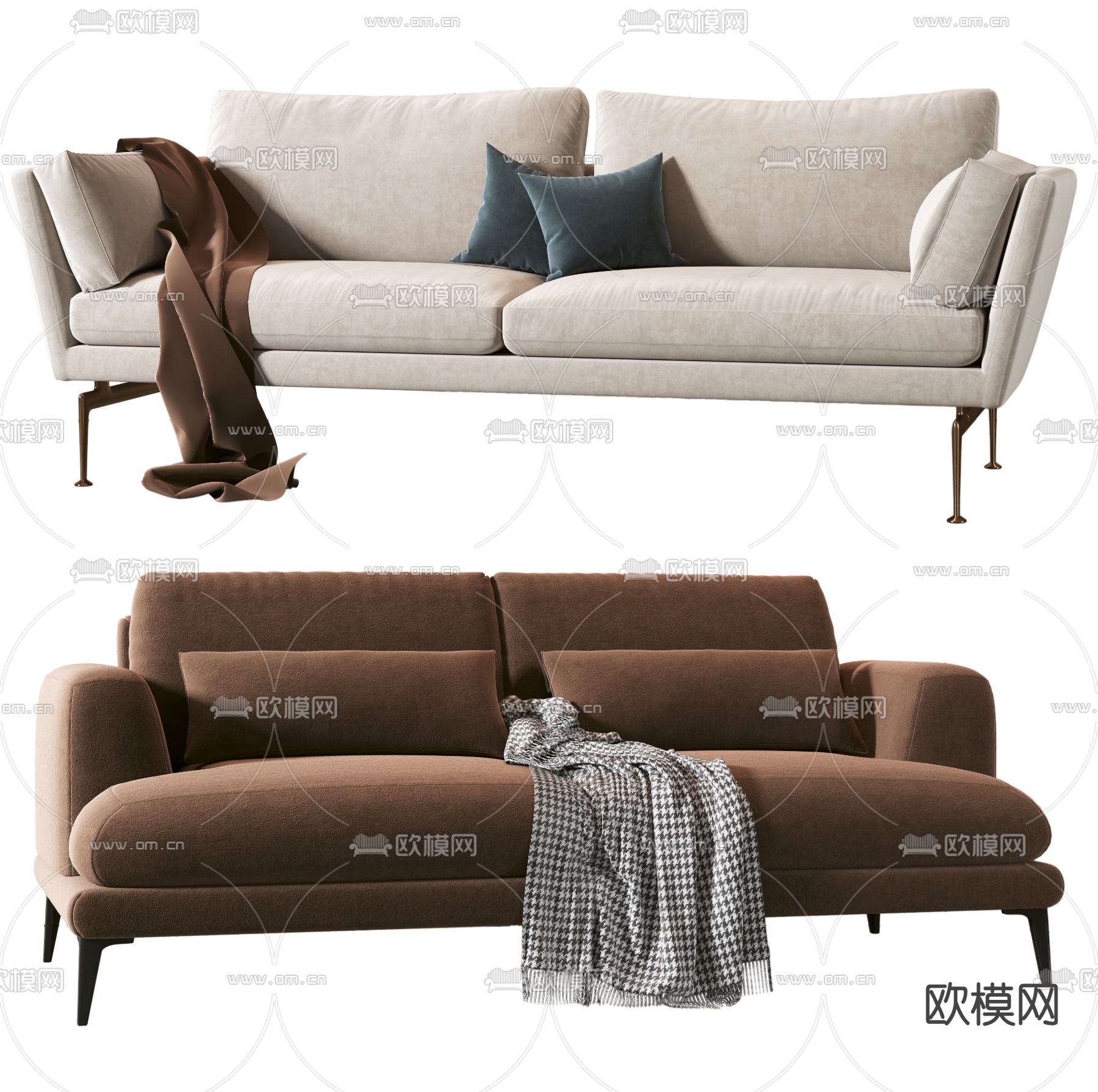 现代布艺双人沙发3d模型下载（渲染图1）
