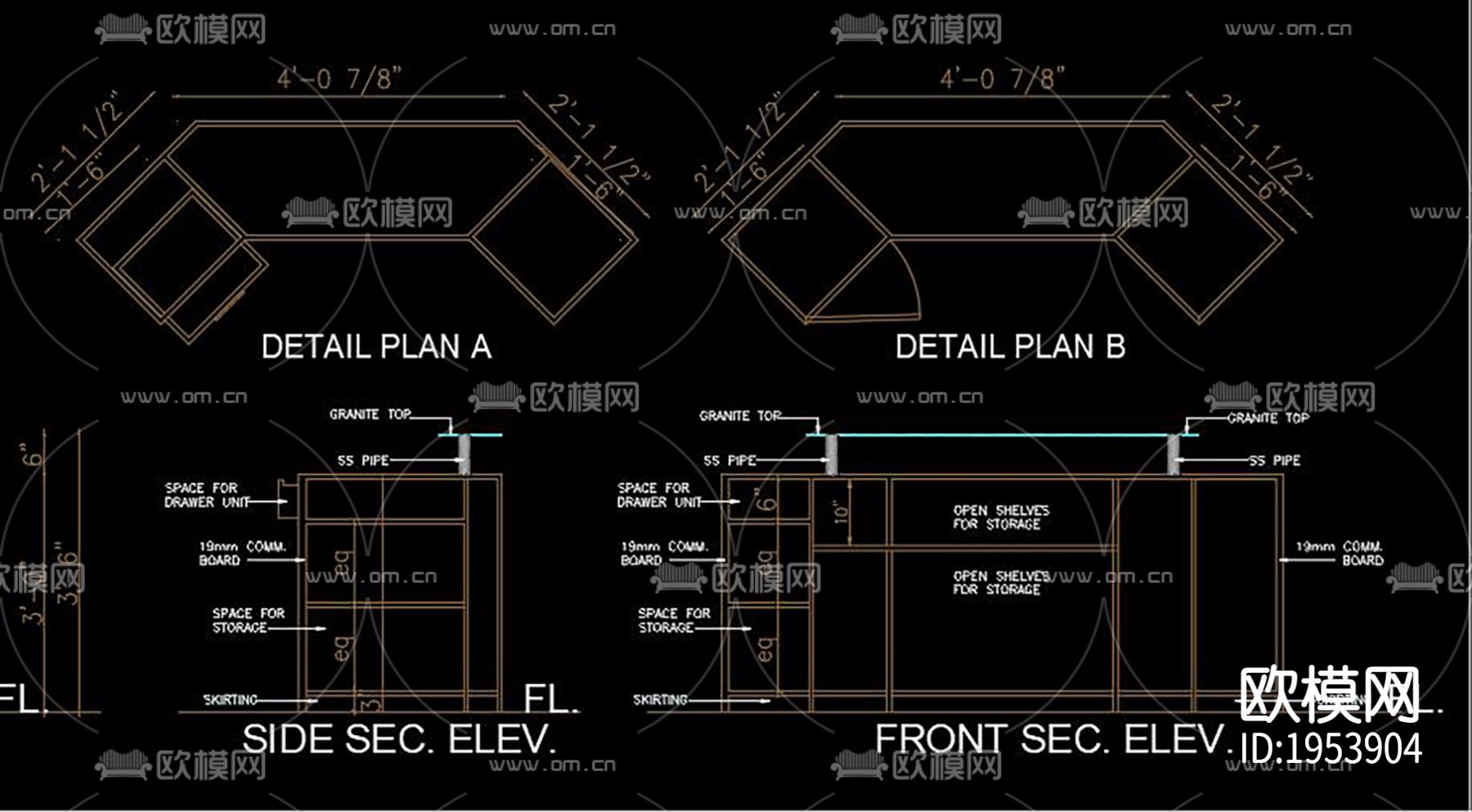 餐厅服务柜台CAD施工图下载（渲染图2）