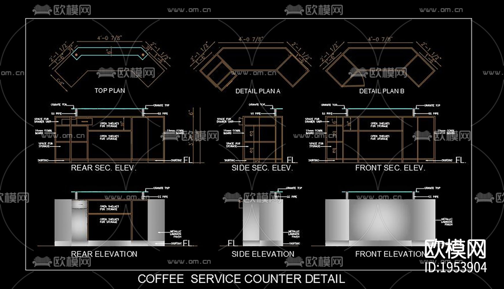 餐厅服务柜台CAD施工图下载（渲染图5）