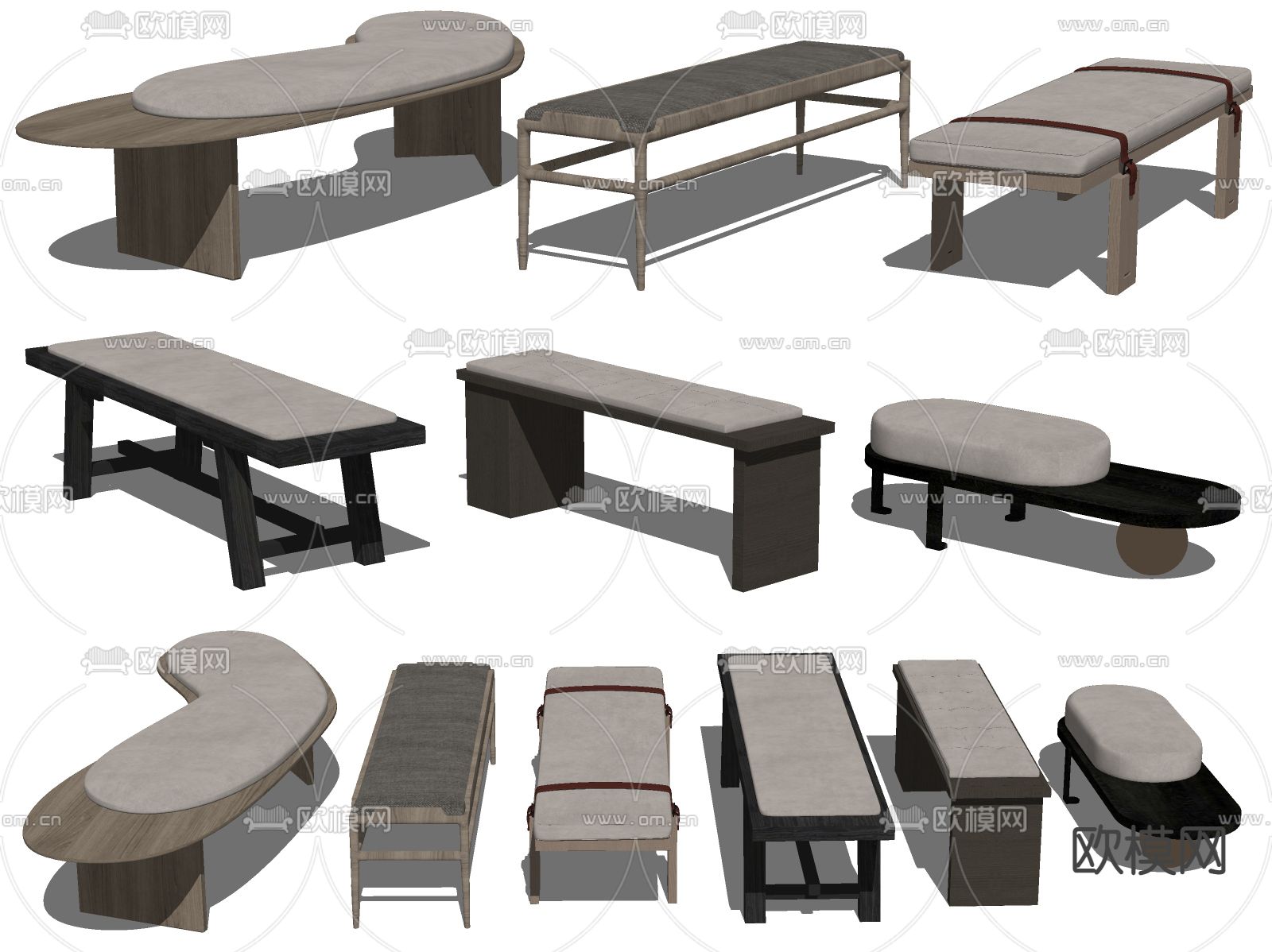 新中式长凳长椅su模型下载（渲染图2）