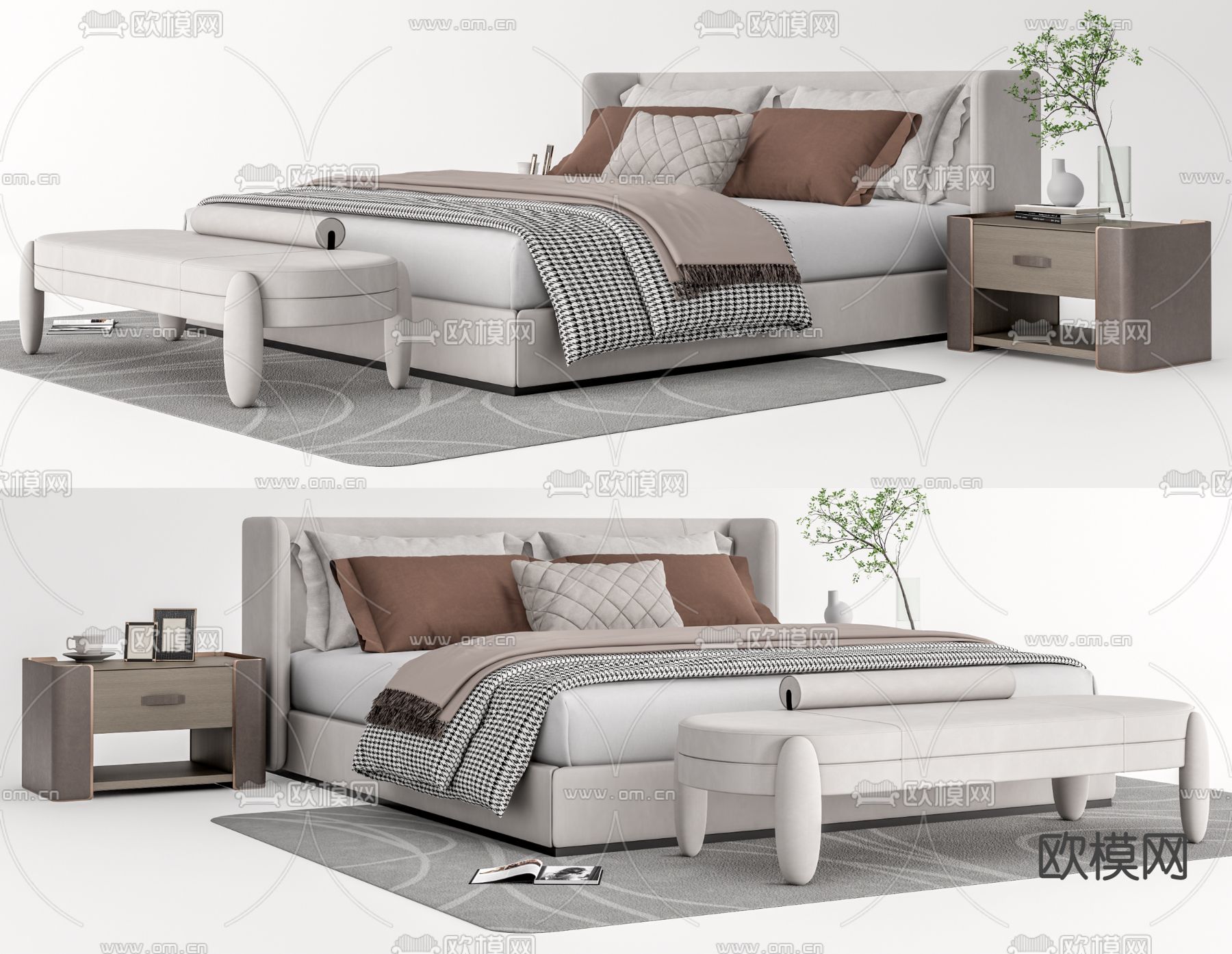 现代布艺双人床su模型下载（渲染图1）