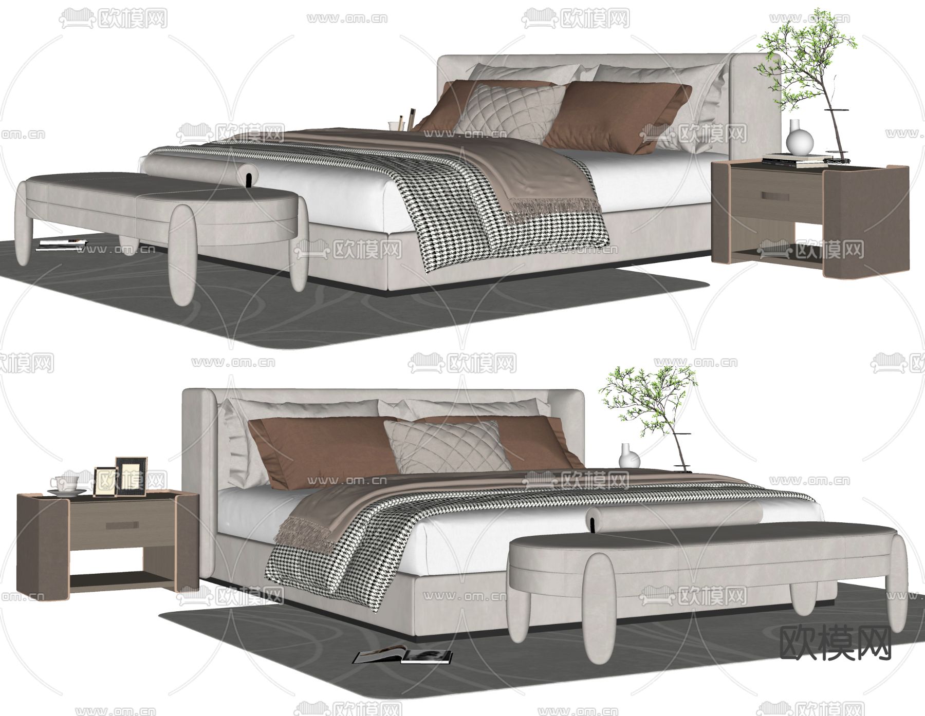 现代布艺双人床su模型下载（渲染图2）