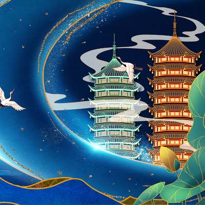  古风城市地标建筑海报 