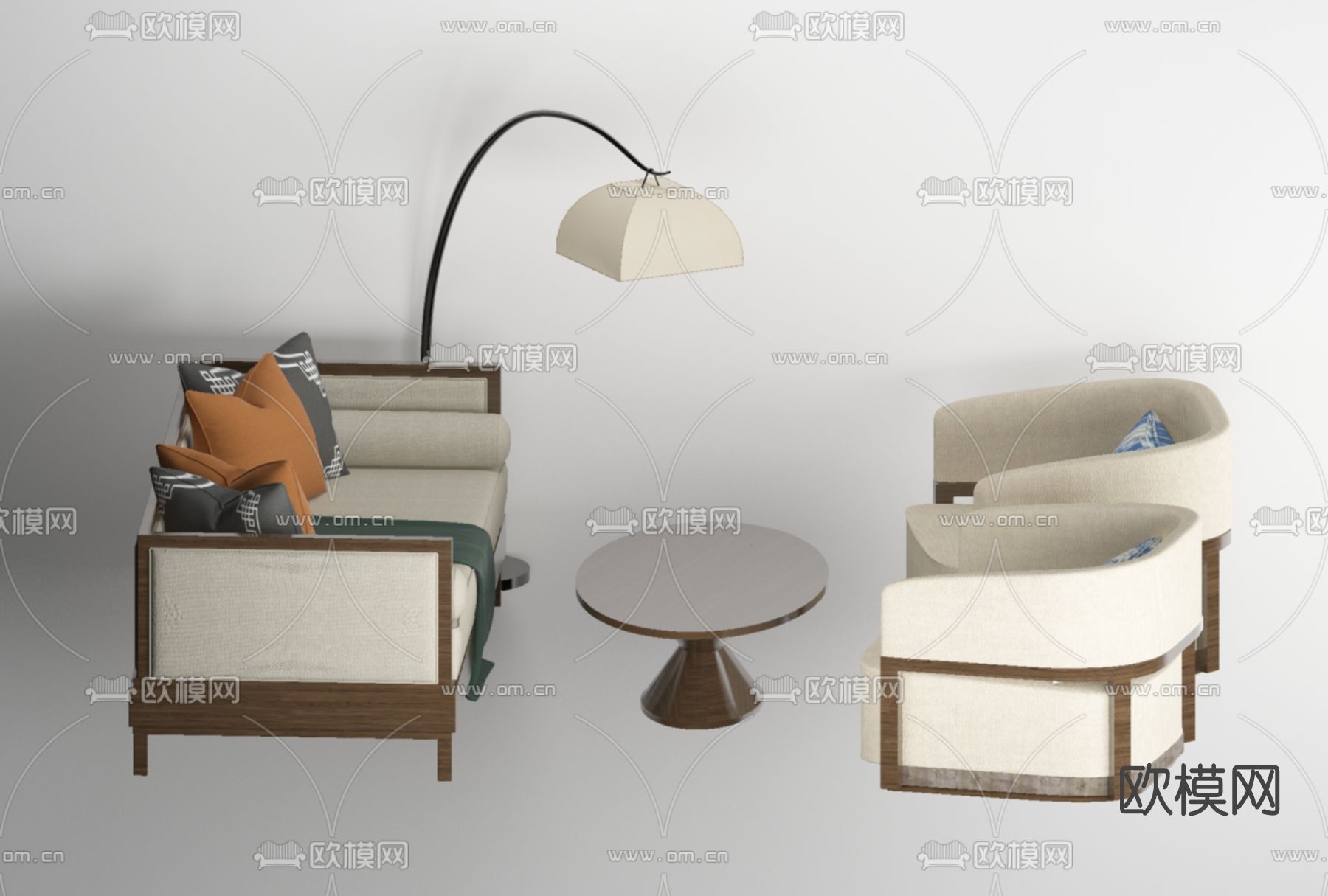 新中式布艺沙发组合免费3d模型下载