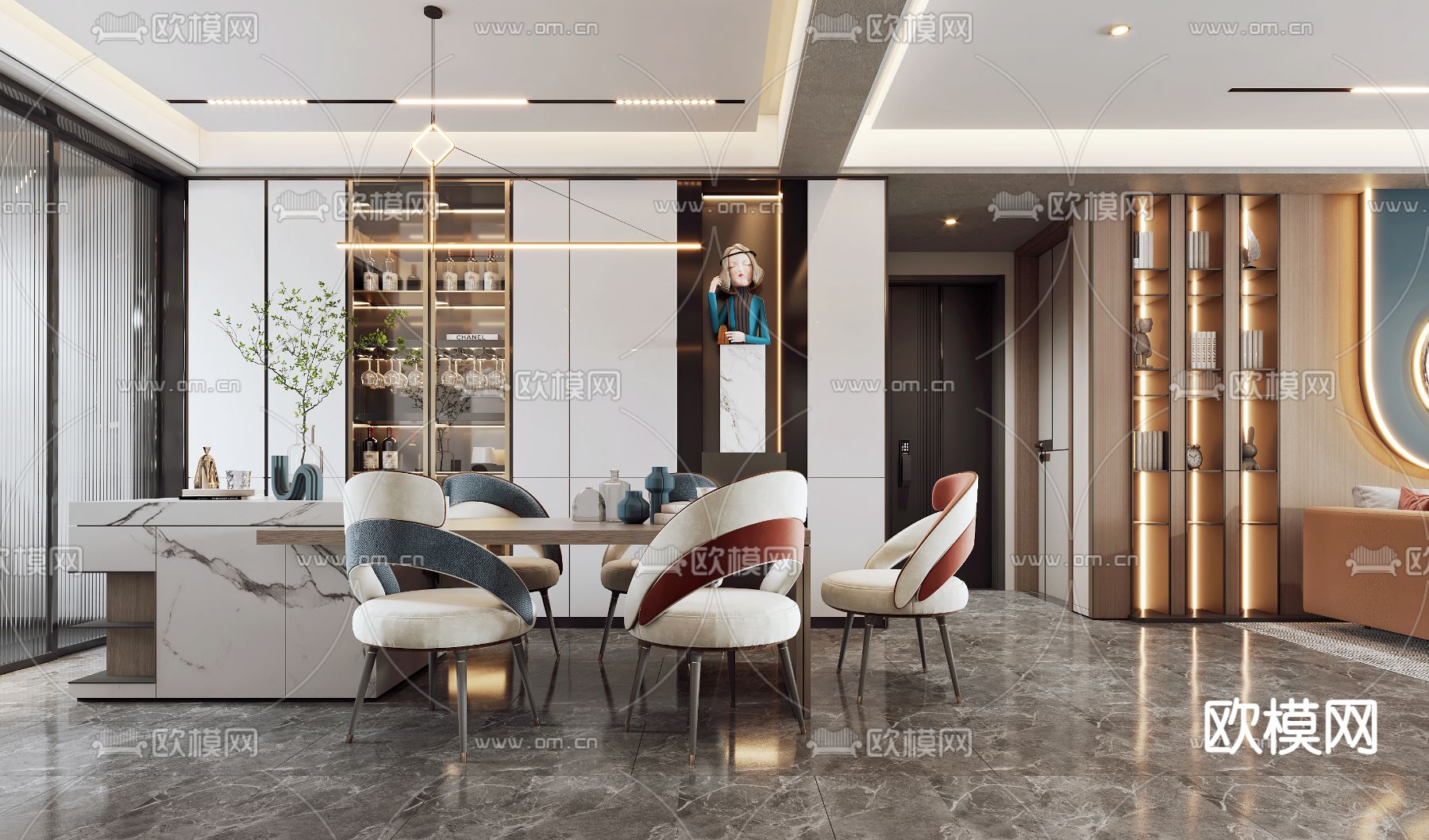 现代客厅餐厅3d模型下载（渲染图4）