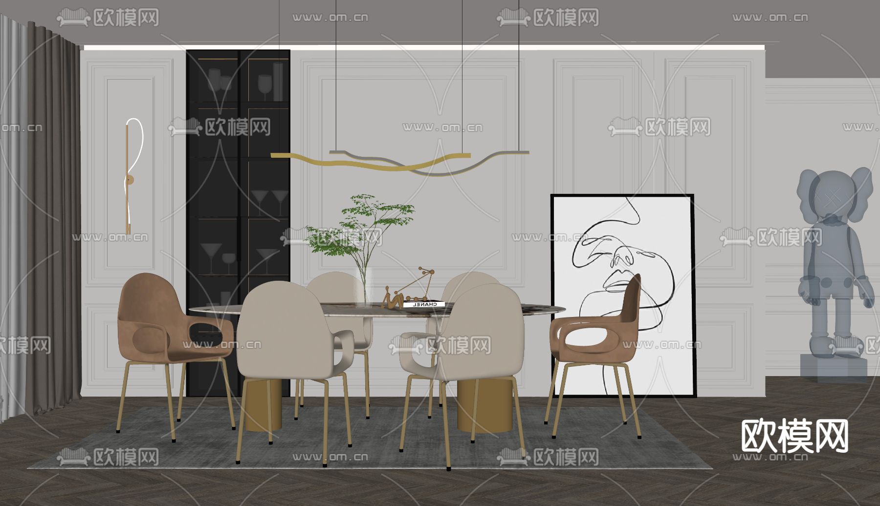 现代轻奢餐桌椅su模型下载（渲染图2）