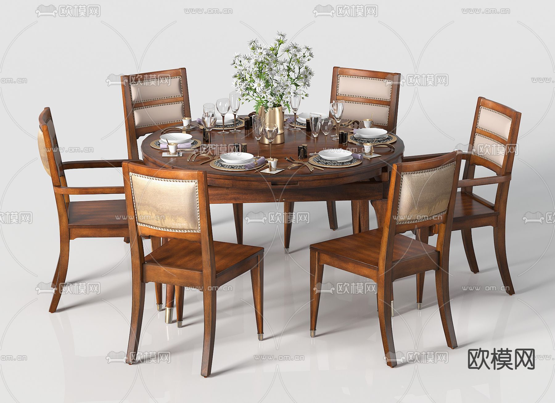 美式实木餐桌椅3d模型下载