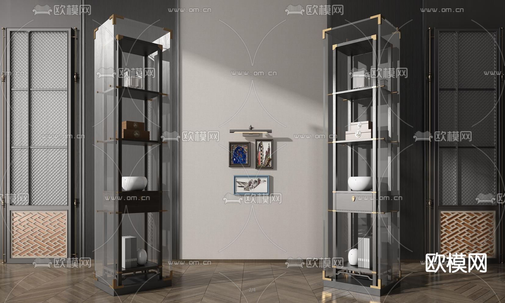 新中式玻璃实木装饰柜3d模型下载