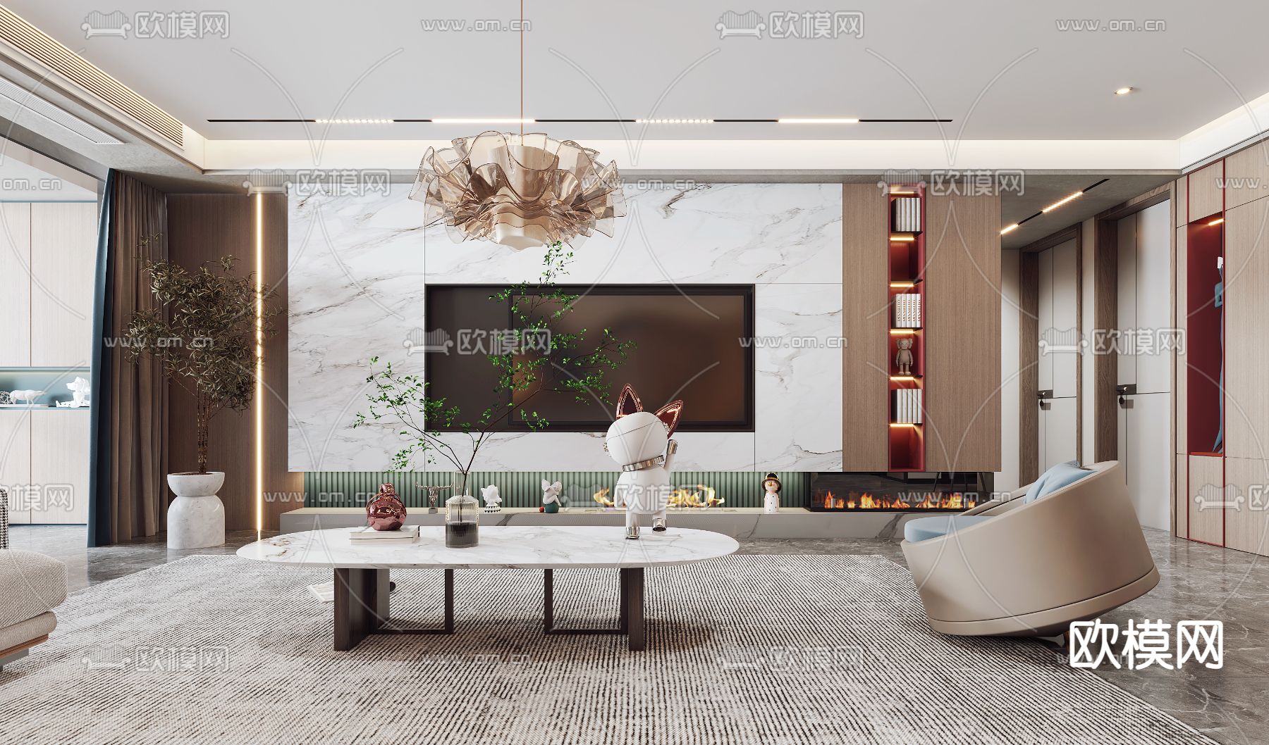 现代客厅餐厅3d模型下载（渲染图2）