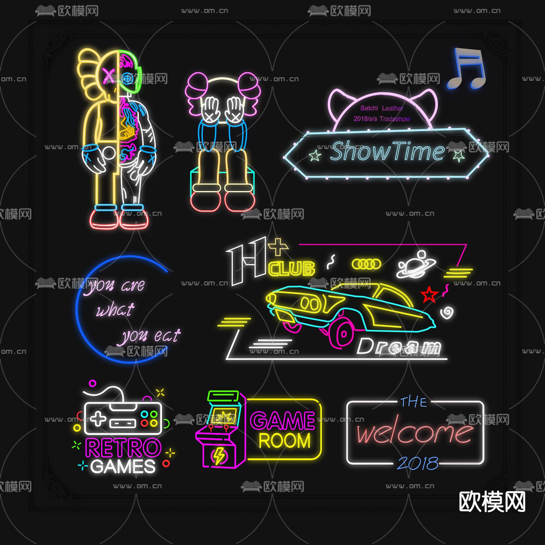 现代酒吧霓虹灯3d模型下载