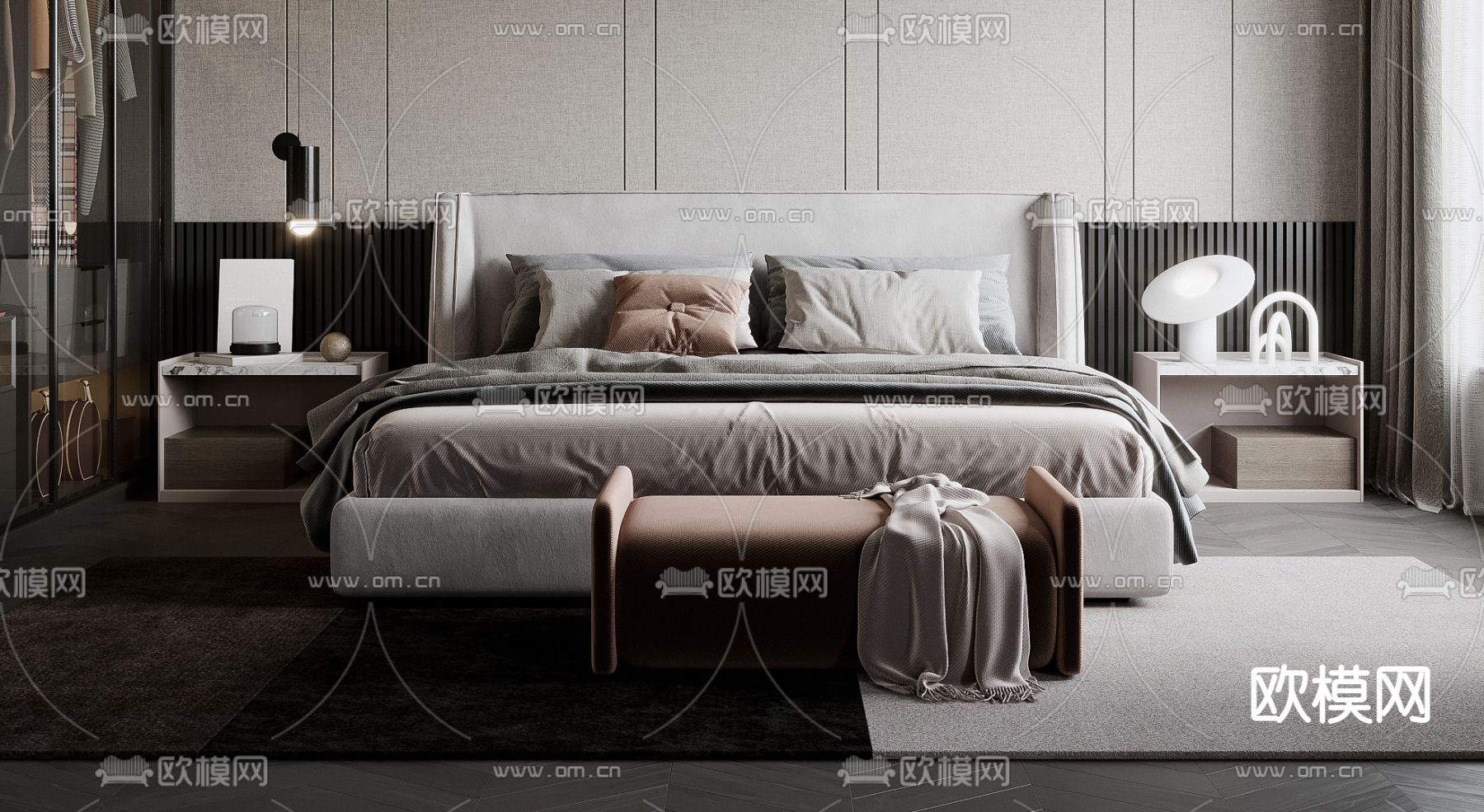 现代高级灰卧室主人房3d模型下载（渲染图2）