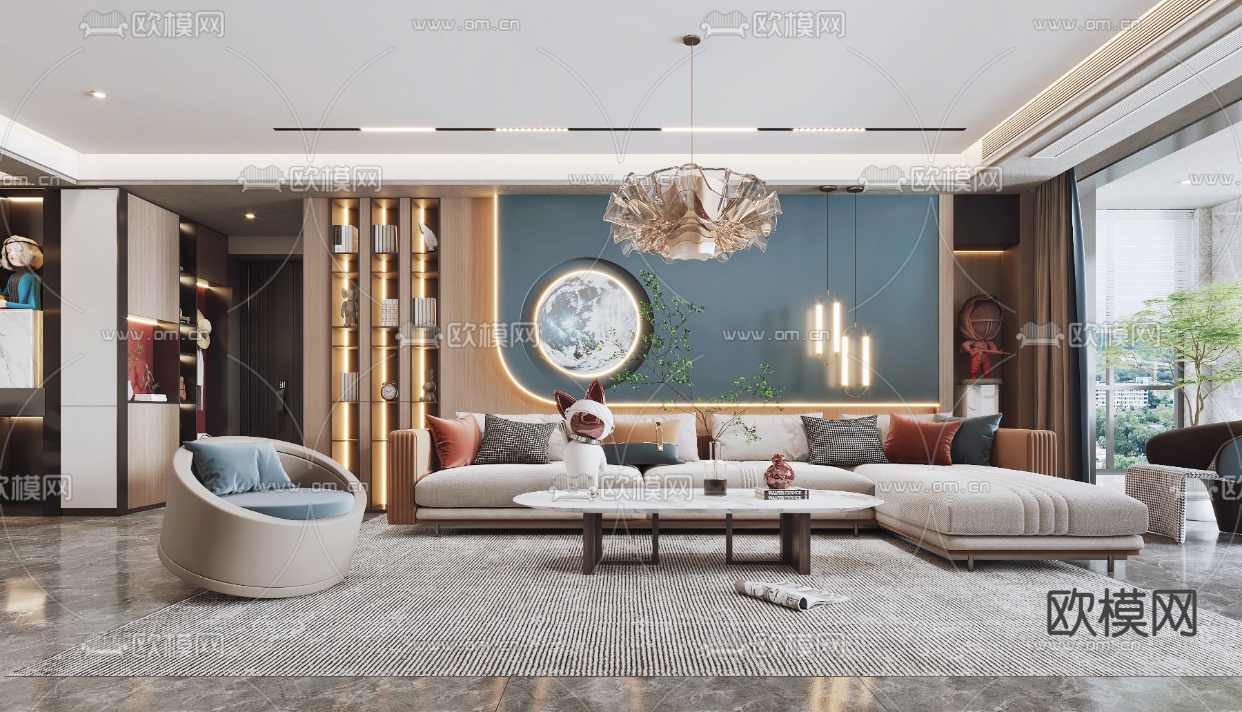 现代客厅餐厅3d模型下载（渲染图1）