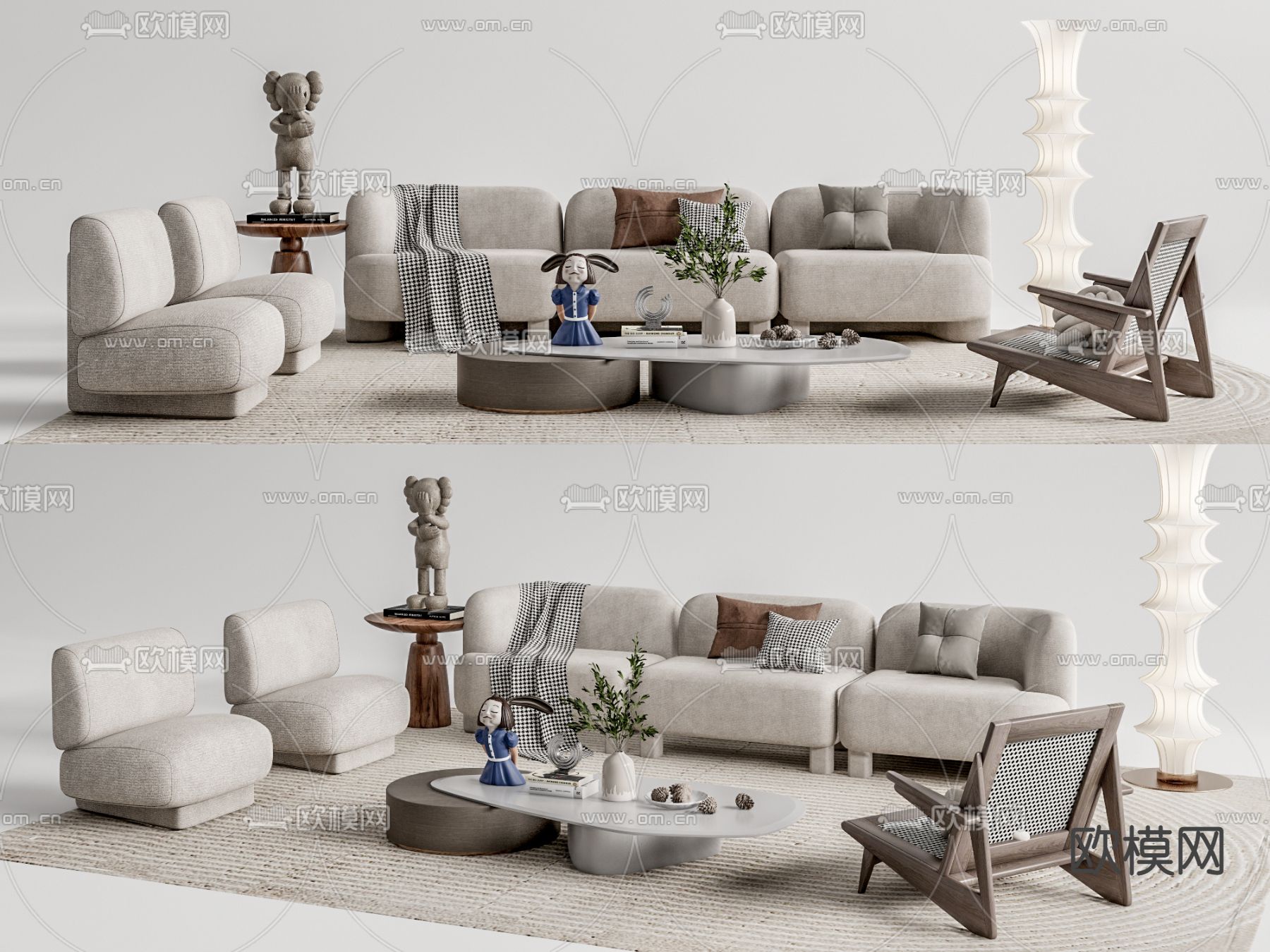 侘寂布艺多人沙发su模型下载（渲染图1）