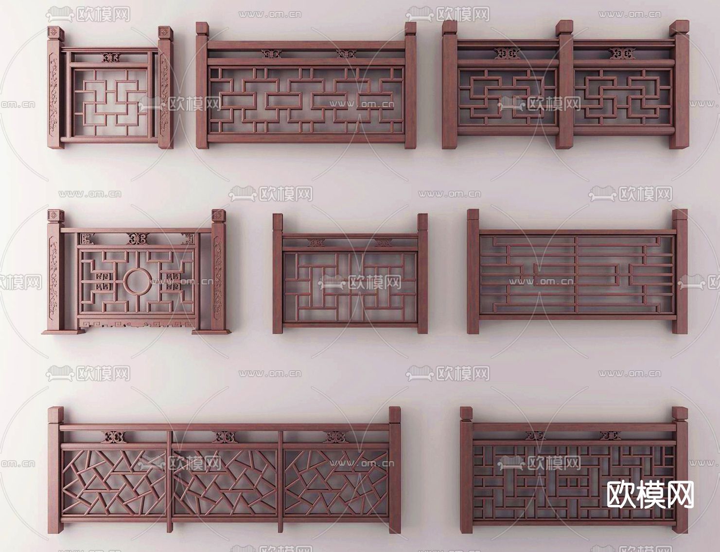 新中式栏杆护栏免费3d模型下载