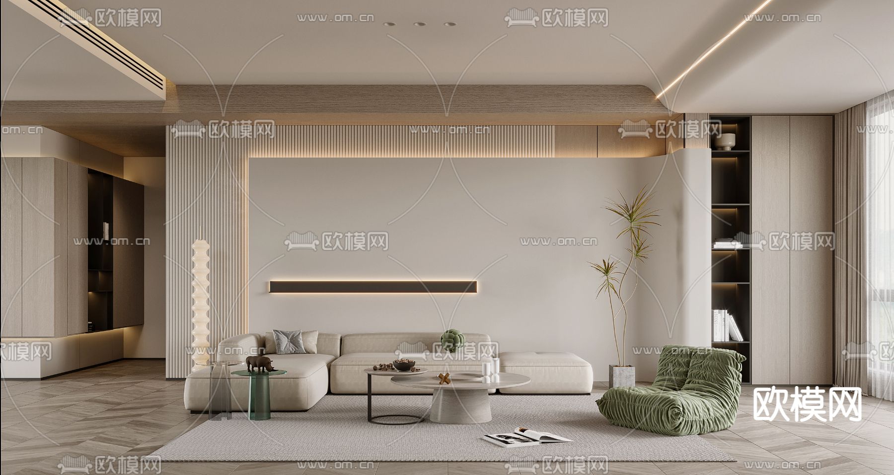 现代布艺转角沙发组合3d模型下载（渲染图1）