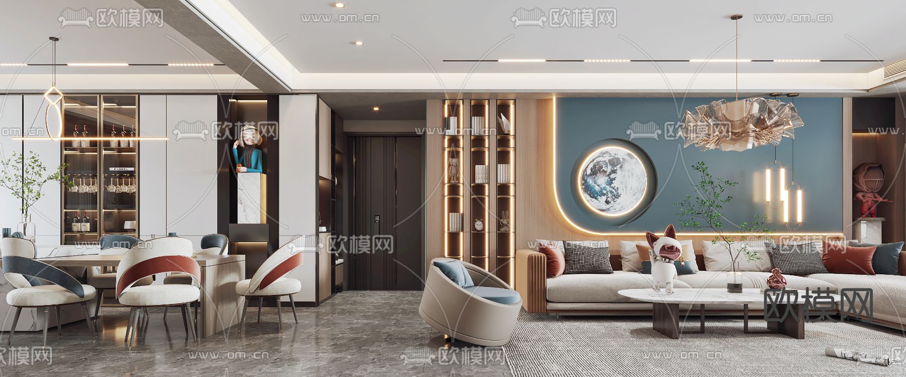 现代客厅餐厅3d模型下载（渲染图3）