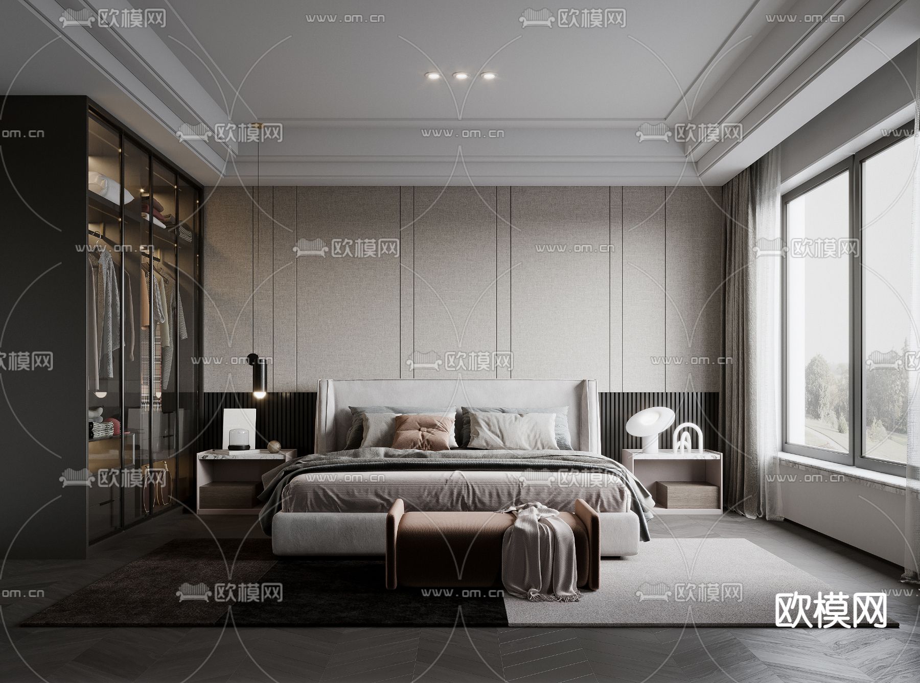 现代高级灰卧室主人房3d模型下载（渲染图1）