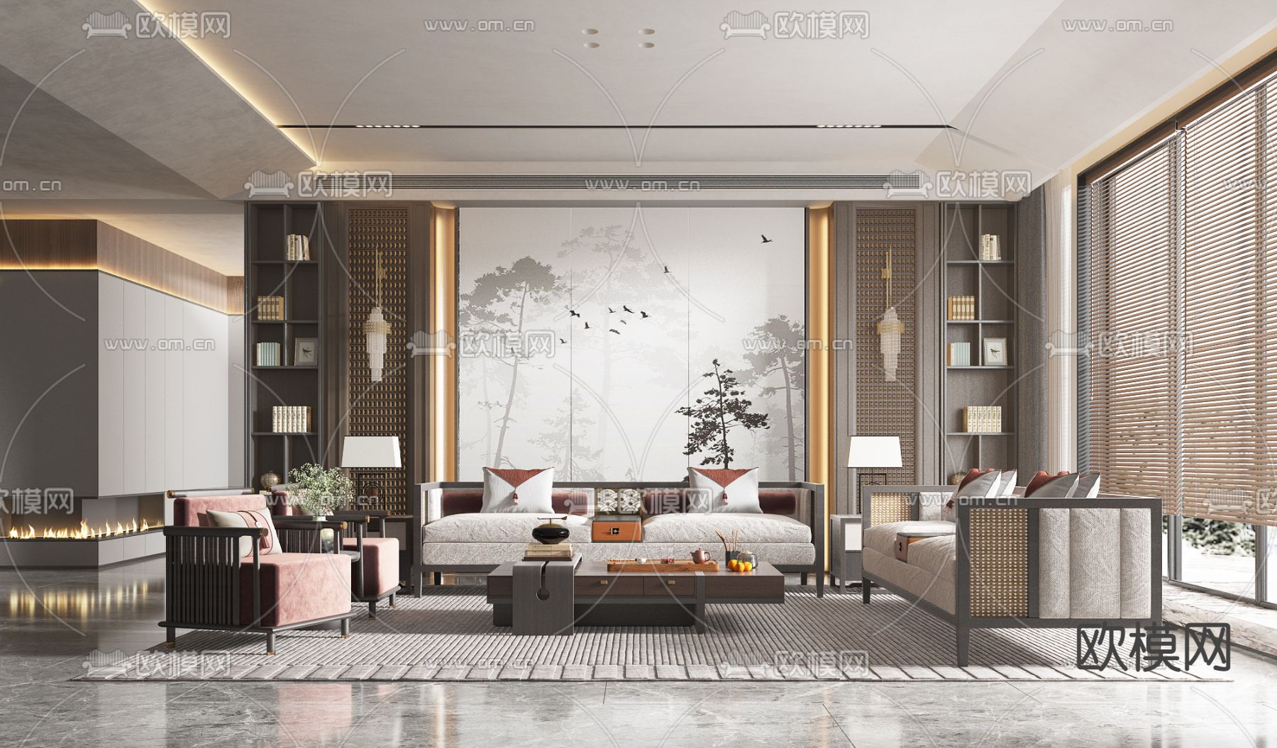 新中式布艺沙发组合3d模型下载