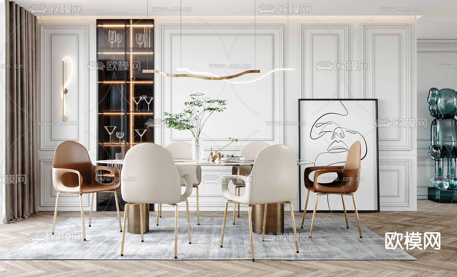 现代轻奢餐桌椅su模型下载（渲染图1）
