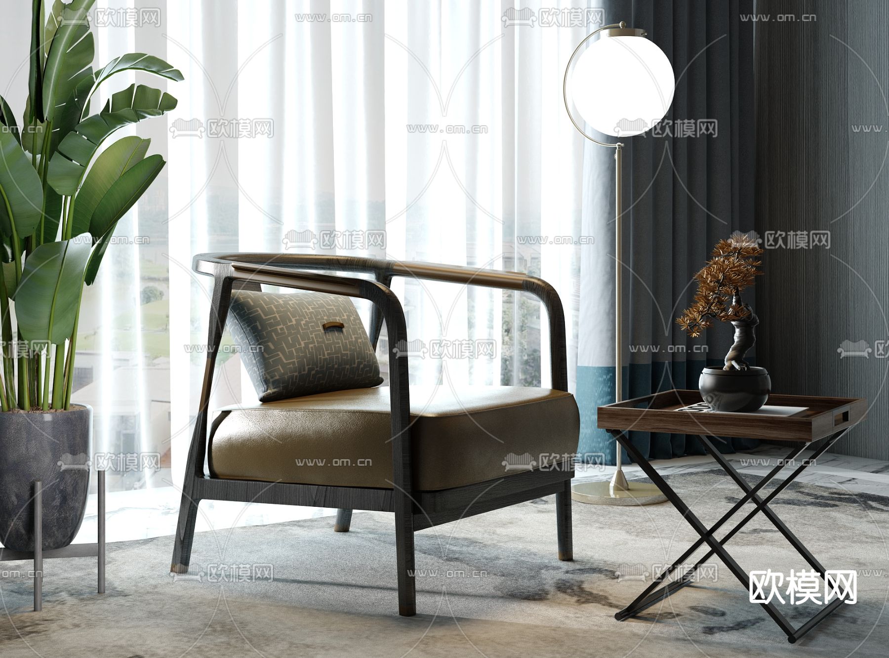 新中式轻奢单椅su模型下载