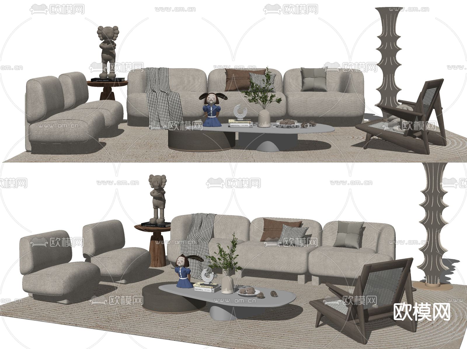 侘寂布艺多人沙发su模型下载（渲染图2）