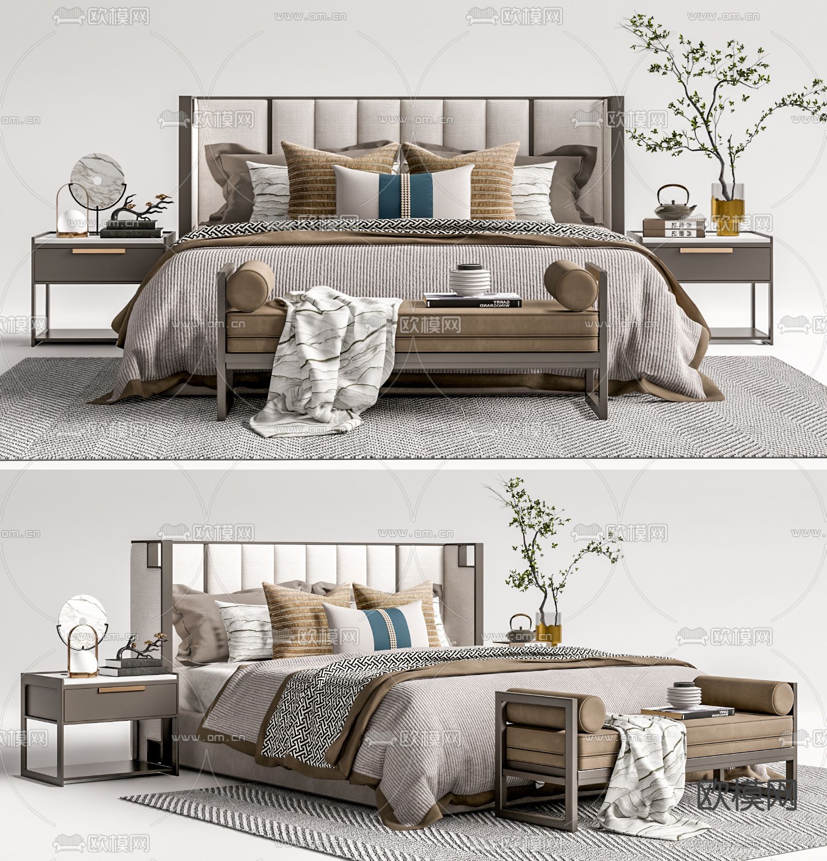 新中式布艺双人床su模型