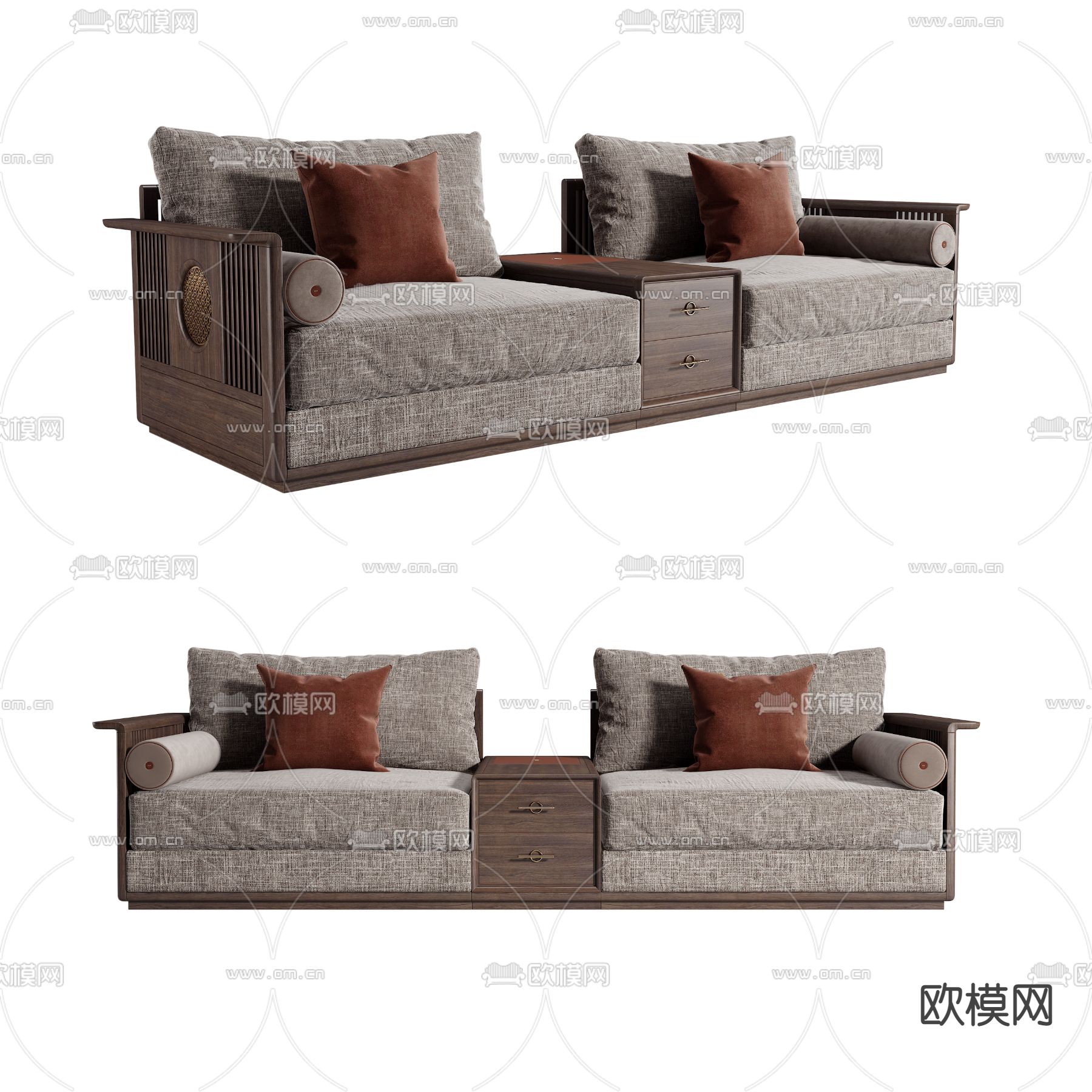 新中式布艺双人沙发3d模型下载（渲染图1）