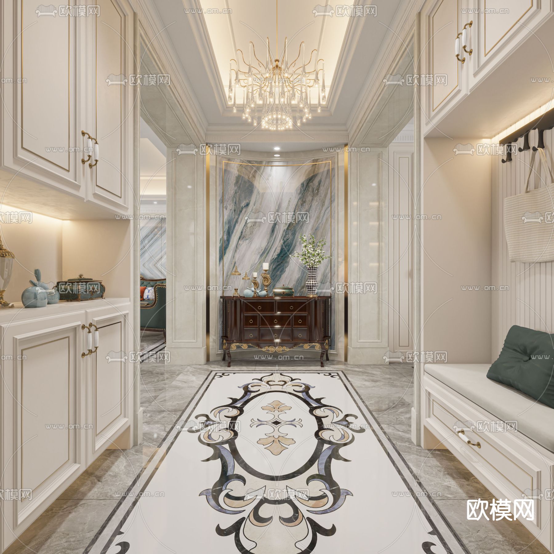欧式复式客厅餐厅3d模型下载（渲染图3）