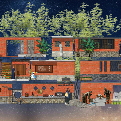 新中式文化红砖墙su模型