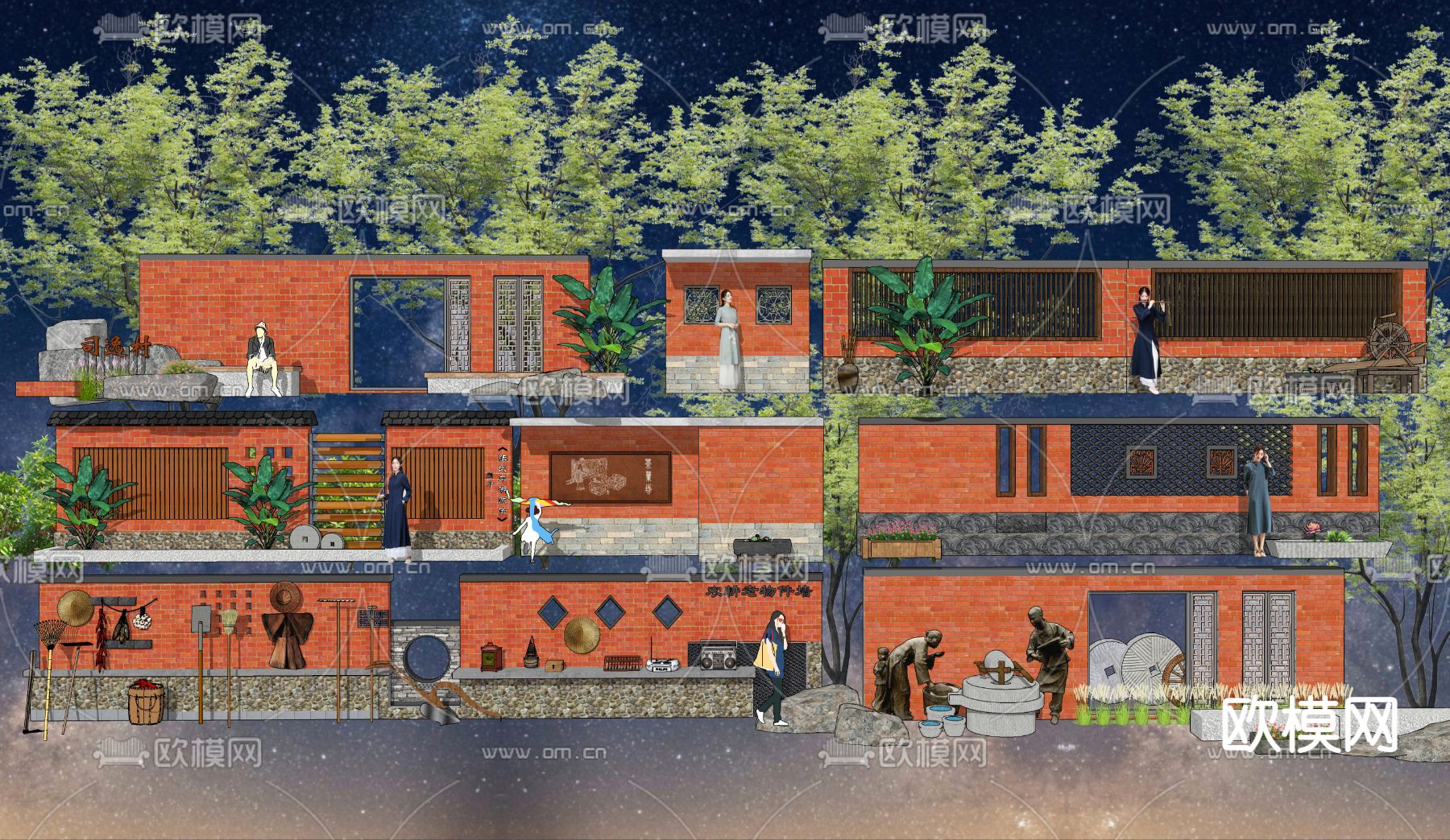 新中式文化红砖墙su模型