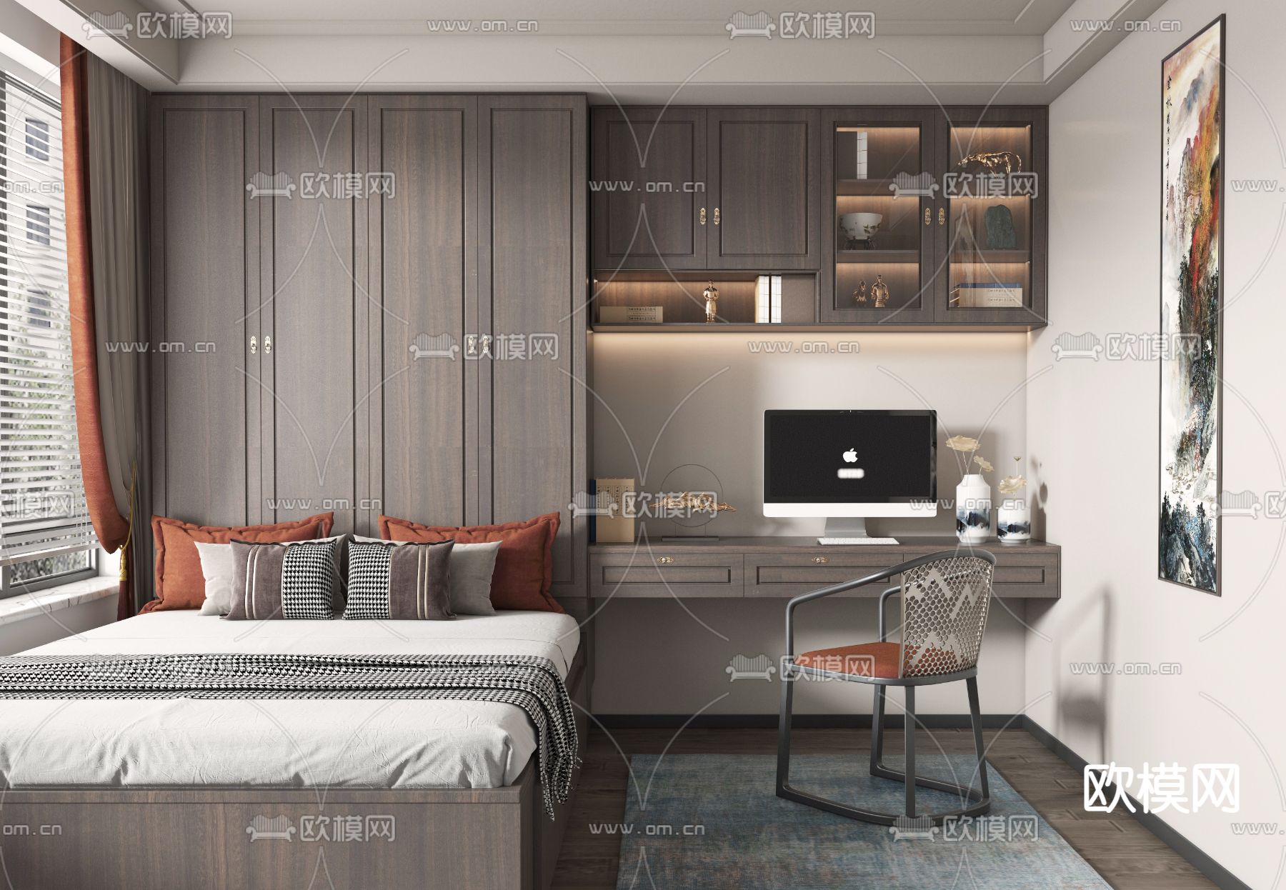 新中式榻榻米卧室3d模型下载