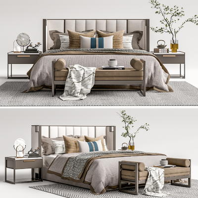 新中式布艺双人床su模型