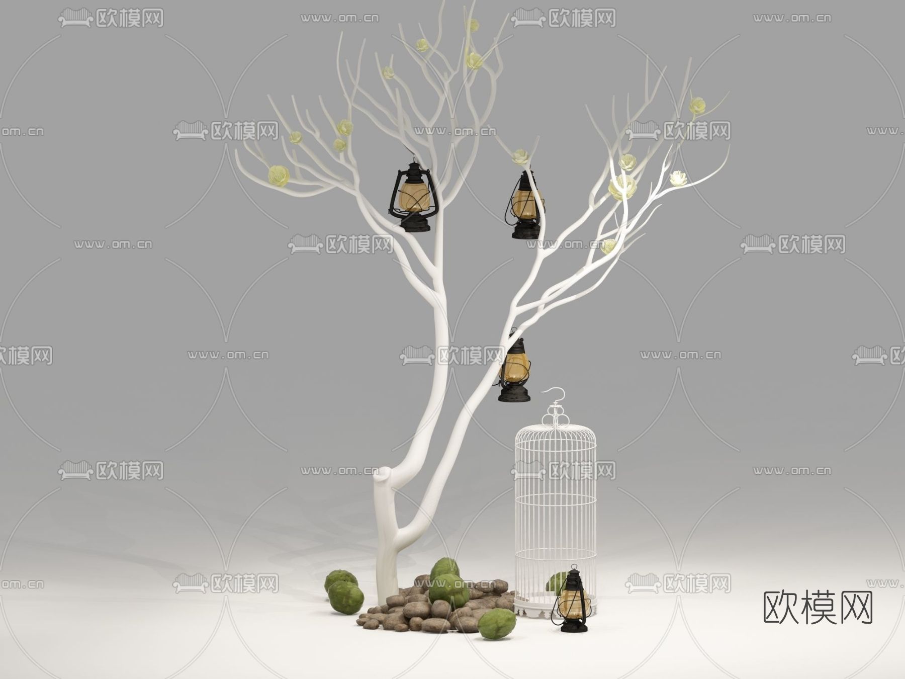 现代干枝煤油灯鸟笼摆件免费3d模型下载