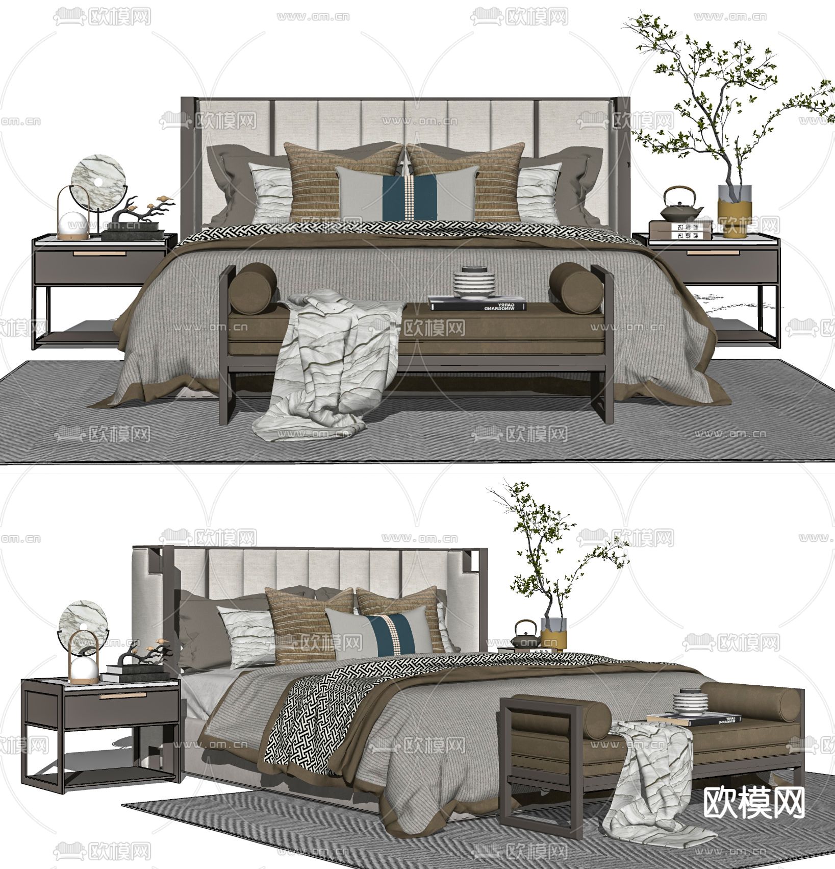 新中式布艺双人床su模型