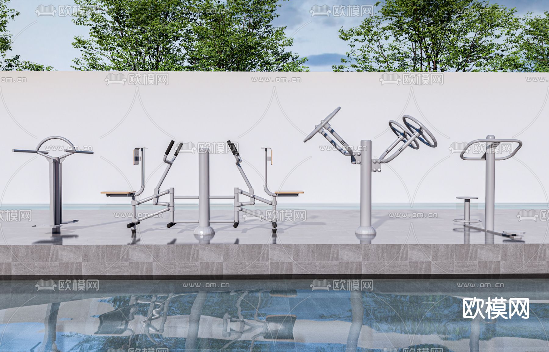现代户外健身器材su模型下载（渲染图1）